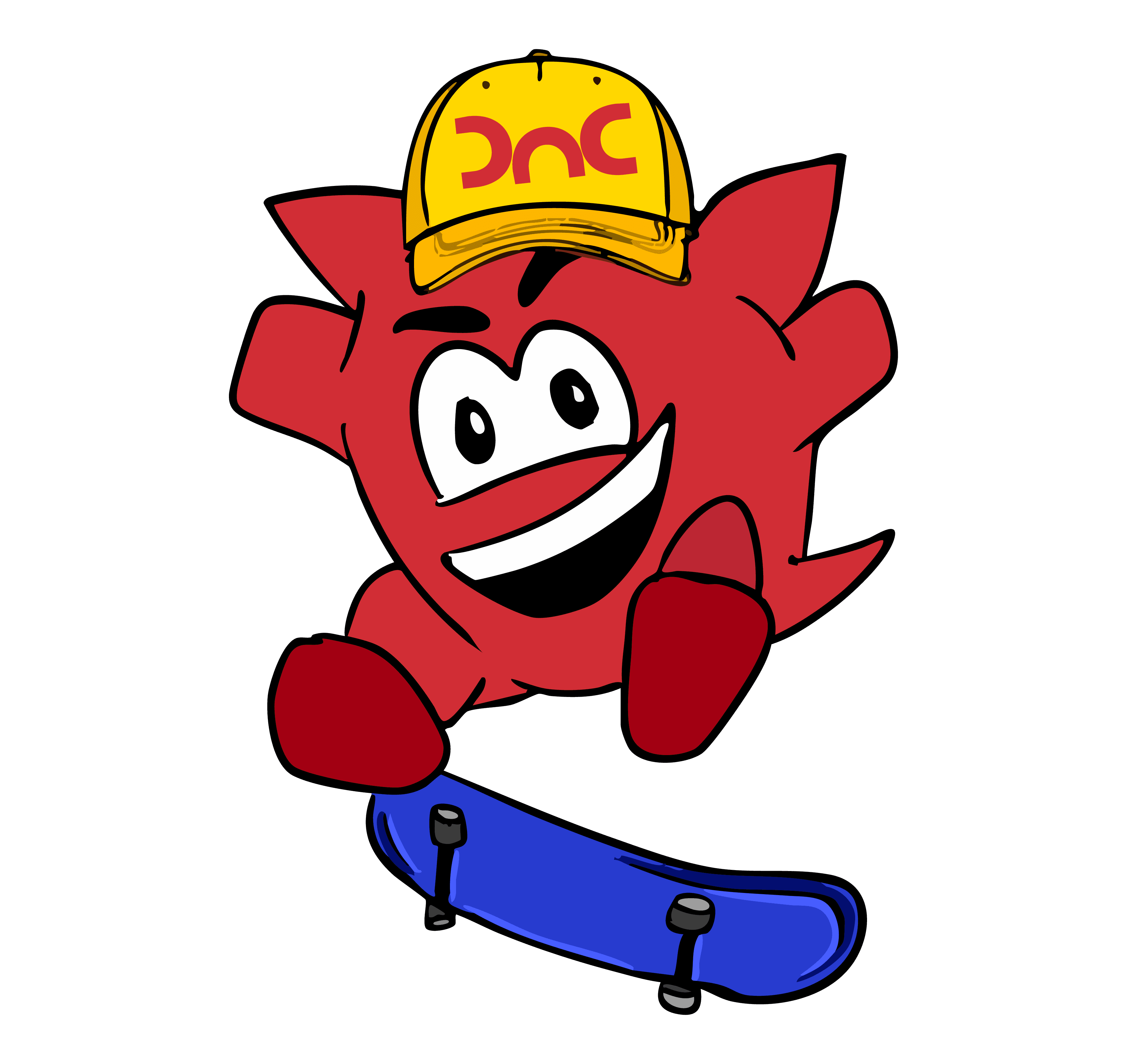 Dash and Coop mascot skateboarding